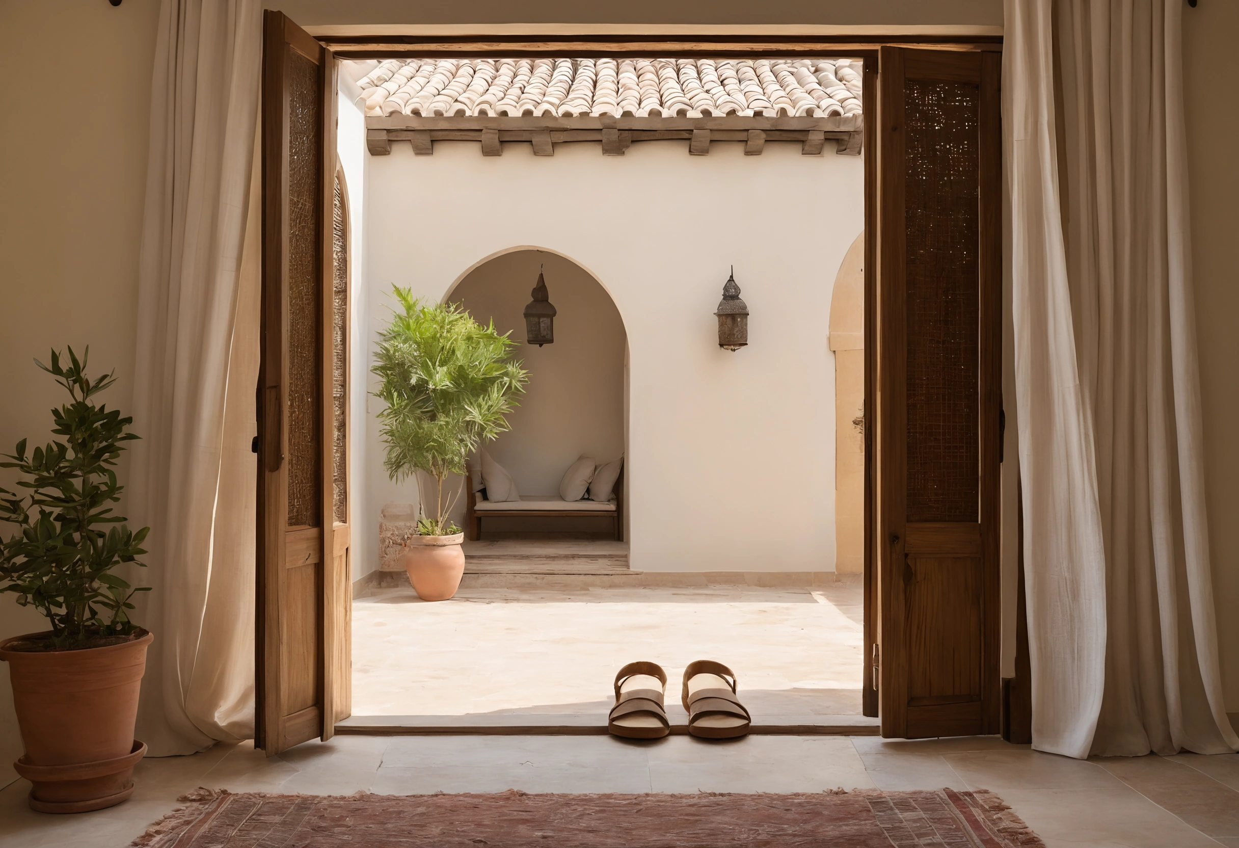 Timber double doors opening from a villa room onto a walled courtyard with an arched seating niche and potted plants