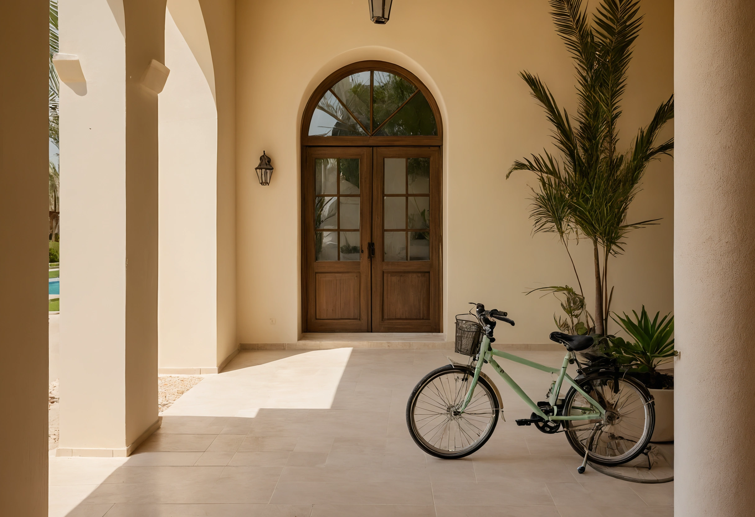 Shaded arcade of a contemporary villa with arched columns, pale paving, a palm in a planter and a child's bicycle by the door