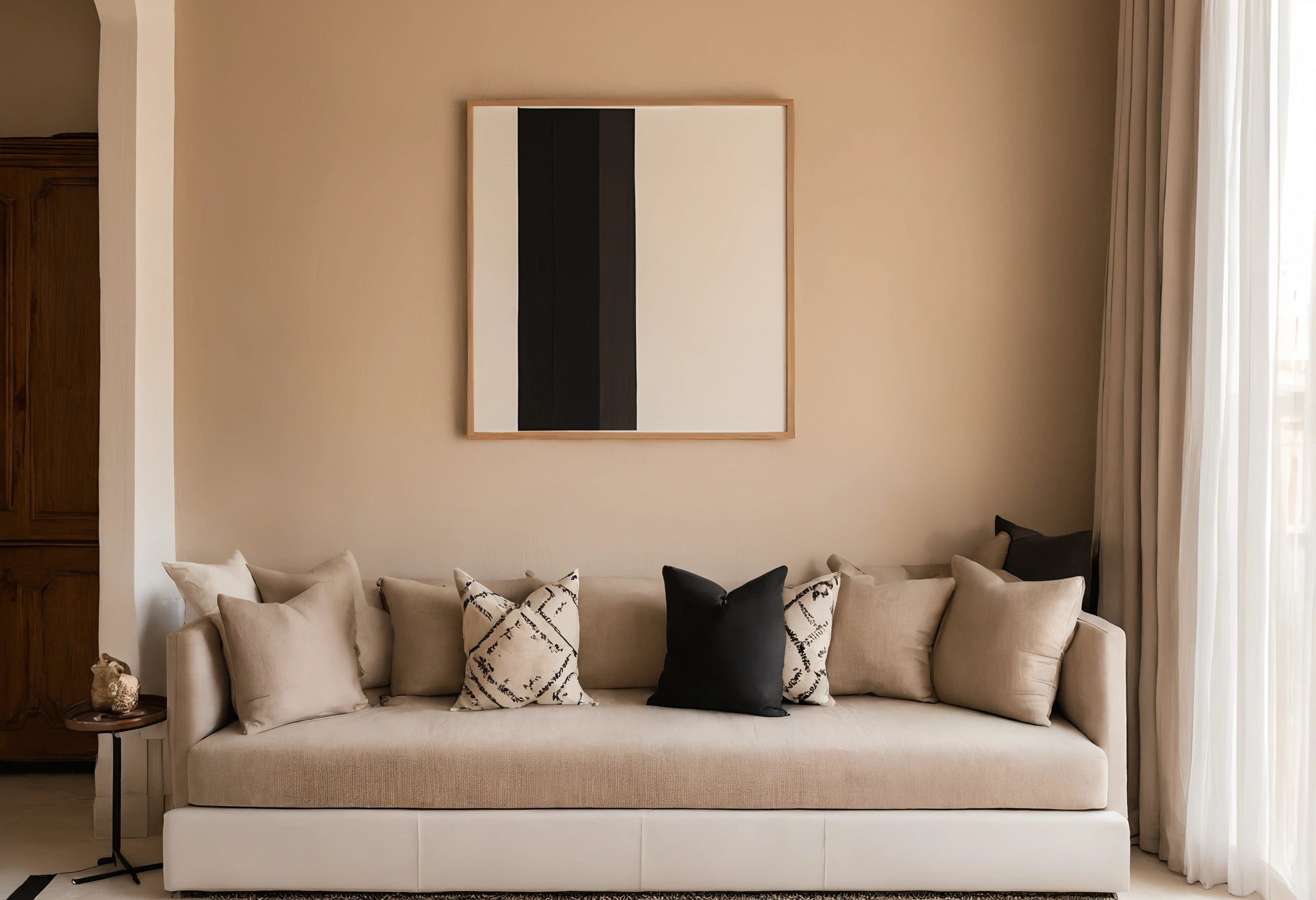 Villa sitting room with a low sofa, black, white and beige cushions with geometric patterns and a framed black and white panel on the wall