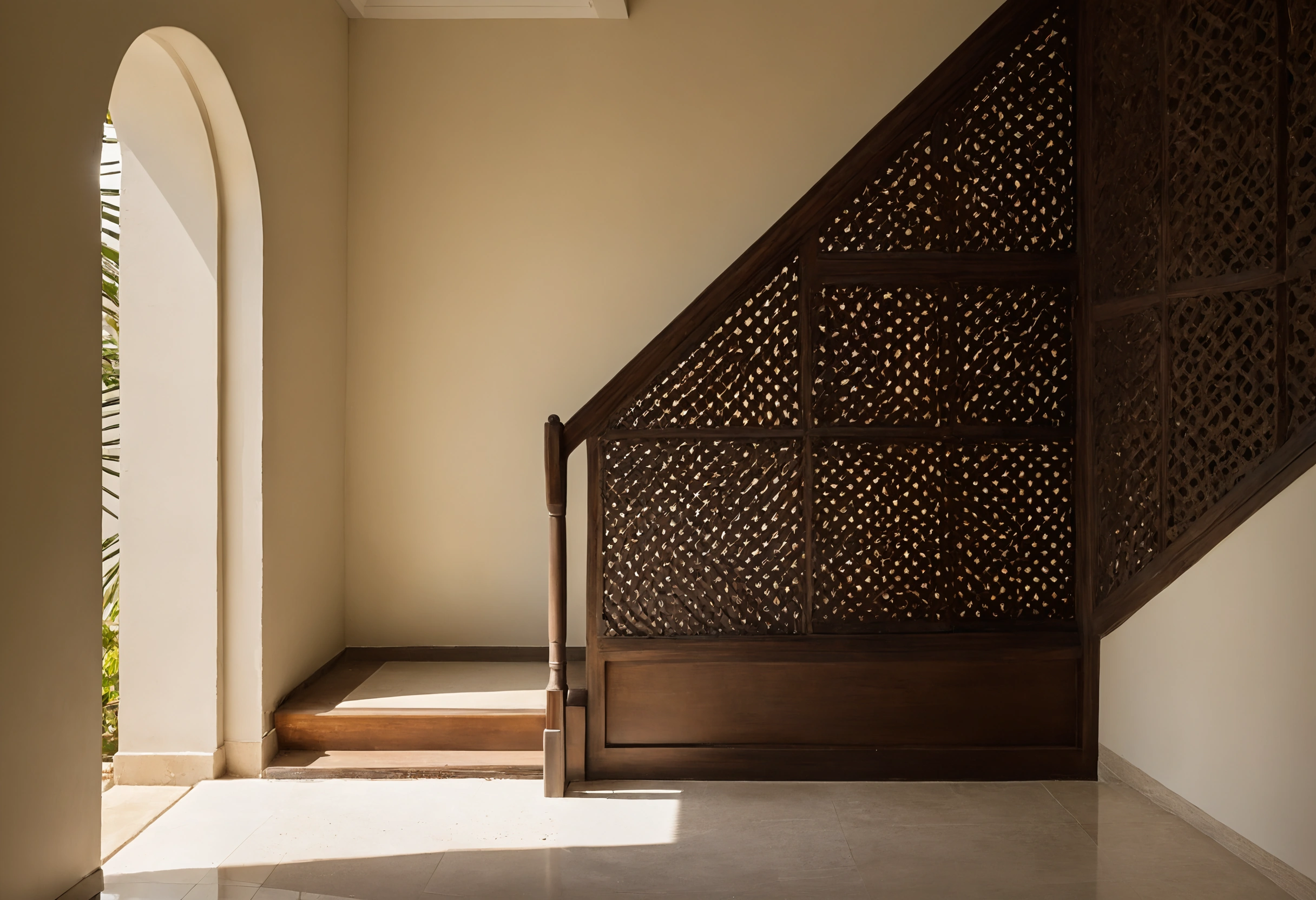 Carved timber lattice screen enclosing the side of a villa staircase beside an arched opening
